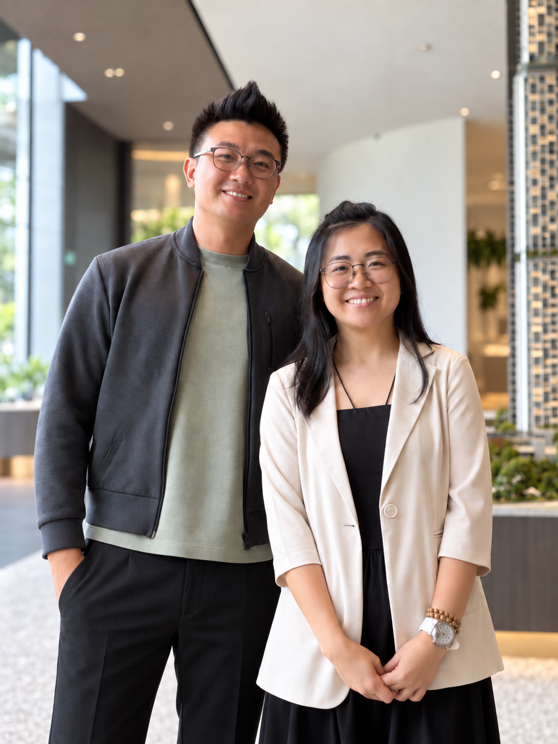 Stevenson and Celine in casual professional attire at a property showroom